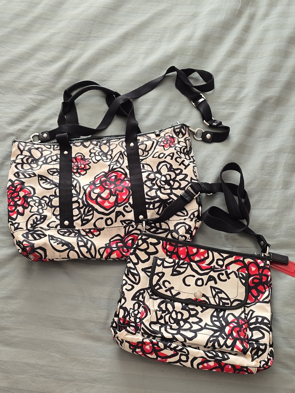 Coach Floral Canvas Tote and Matching Crossbody in Cream, Black and Red